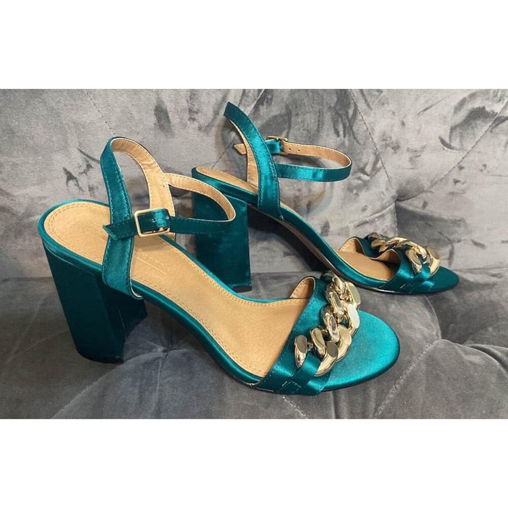 ASOS Women’s Shoes Green Satin Gold Embellishment Size 7 New - Picture 3 of 6